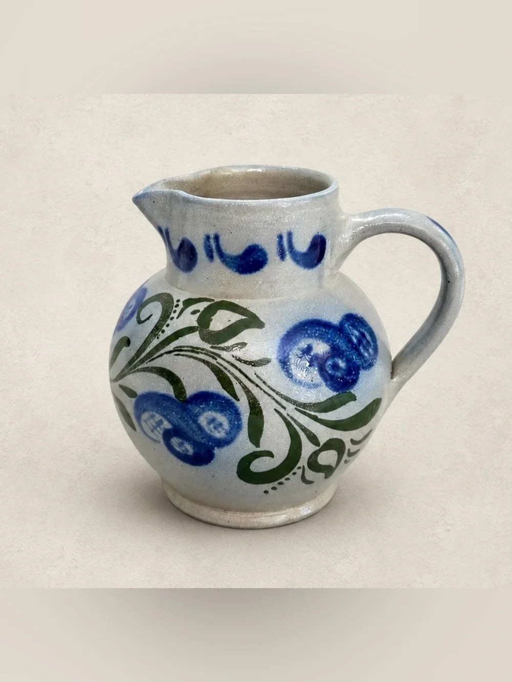 Vintage Burger Betschdorf Alsace Stoneware Pitcher Blue Green Floral France